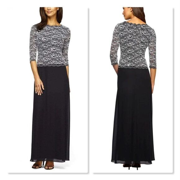 ALEX EVENINGS | Sequin Lace Bodice Chiffon Gown - [size 16, black/silver] - Picture 1 of 12